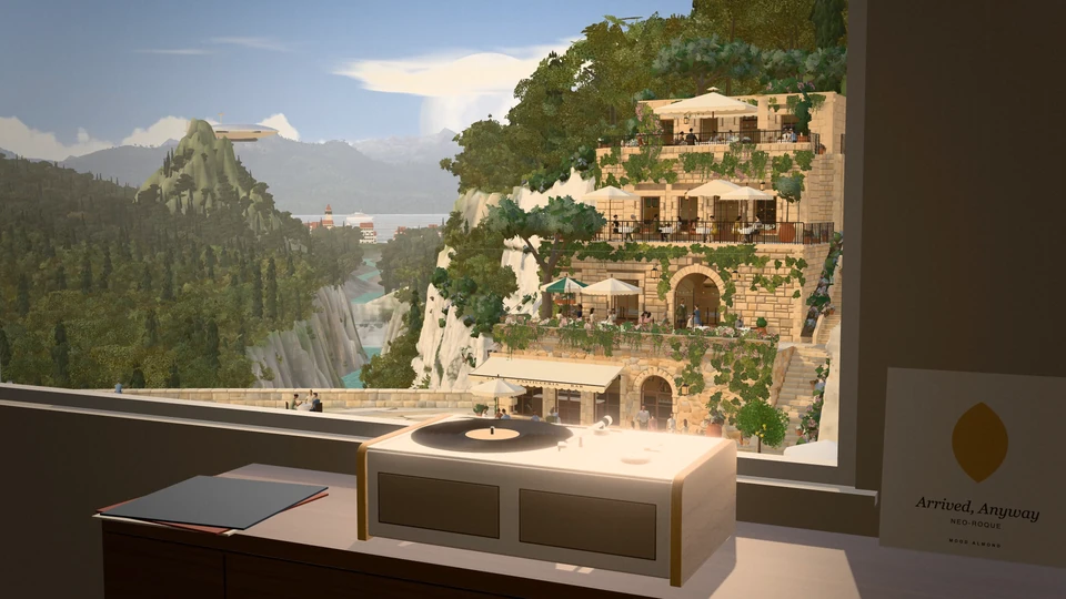 A record player overlooking AVM's modelled café terraces and mountain landscape