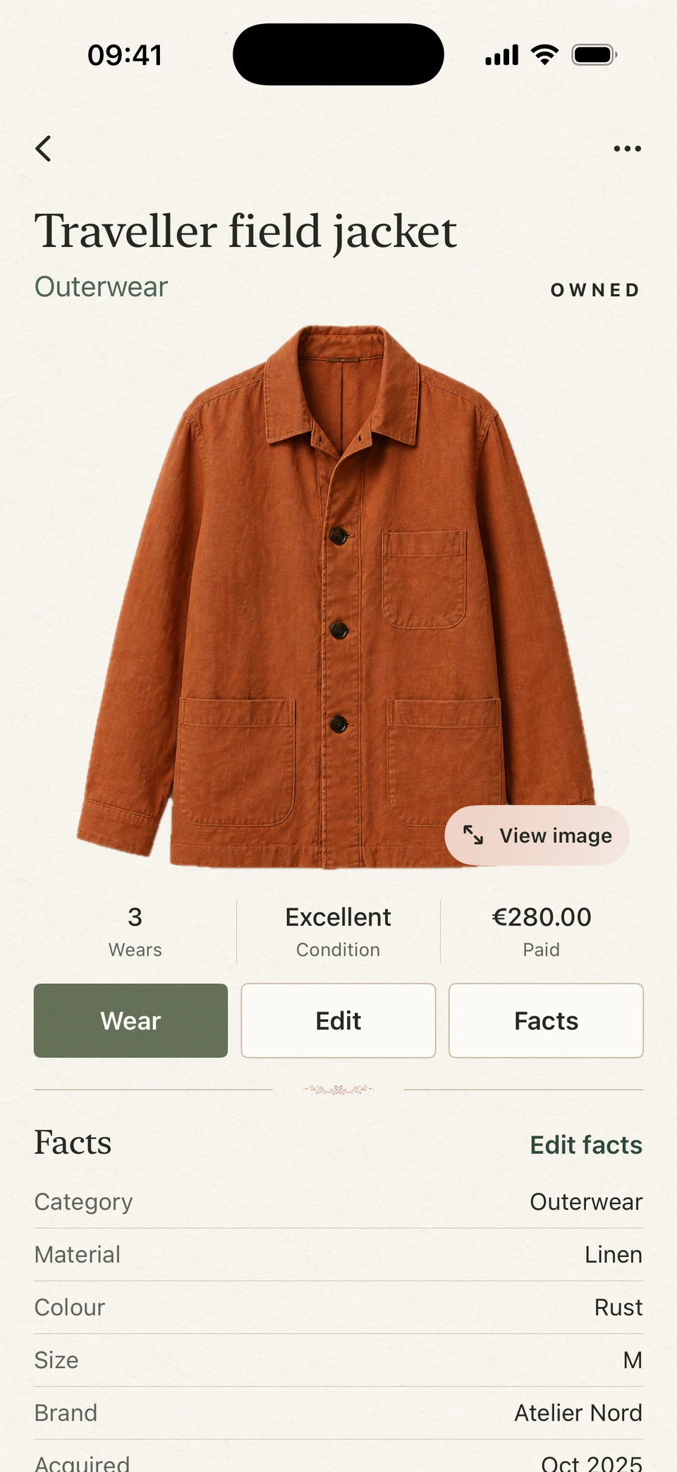 A garment record with wear and condition information