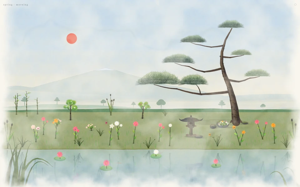 Garzen's painted garden with a black pine, pond and red morning sun