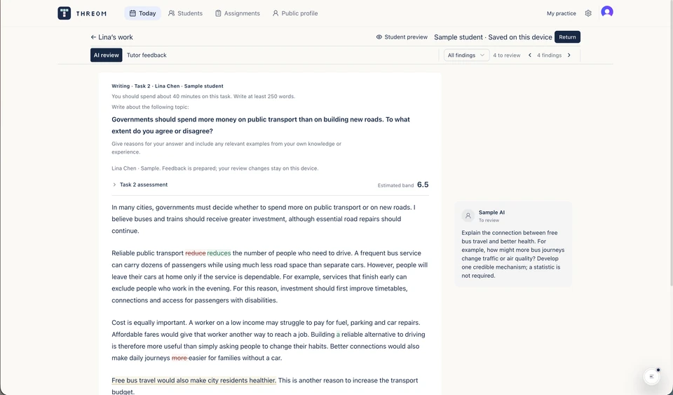 Threom's tutor review screen with inline writing feedback