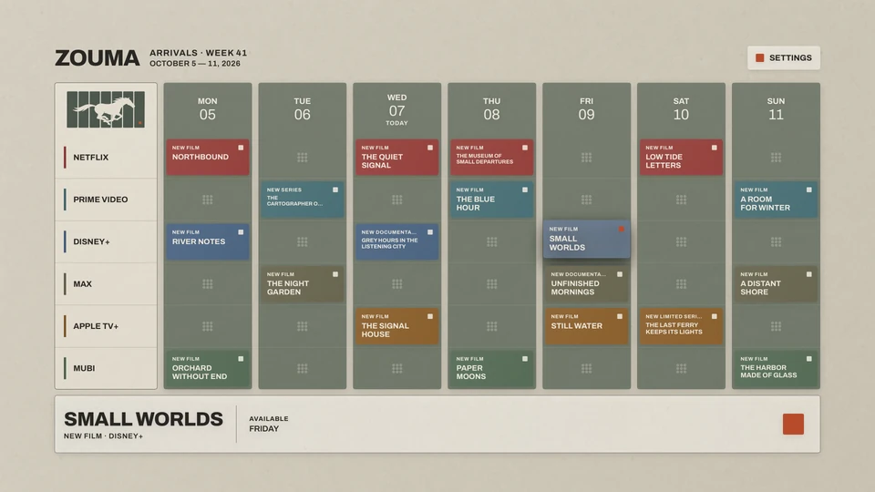 ZOUMA Motion Grid: a weekly cinema programme with green day columns